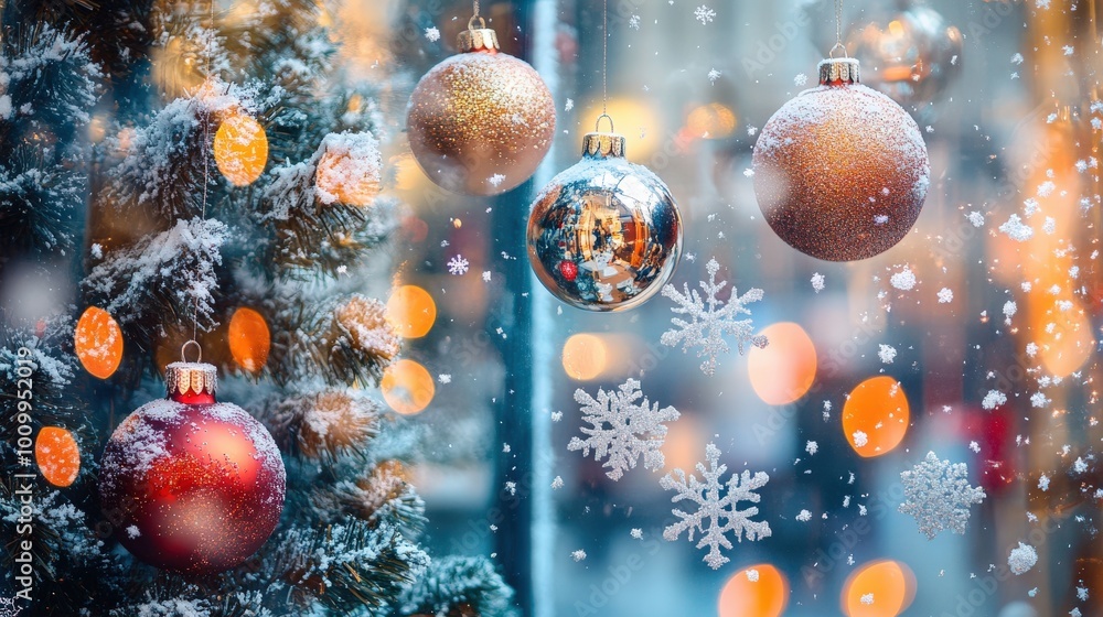 Poster a charming holiday window display showcases a christmas tree adorned with shiny ornaments and sparkl