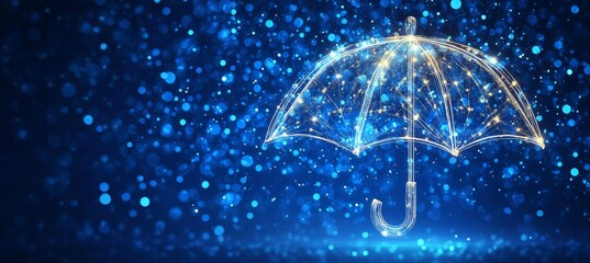 Protection, Network Security Concept. Golden Umbrella Low Poly Design on Blue Abstract Background.