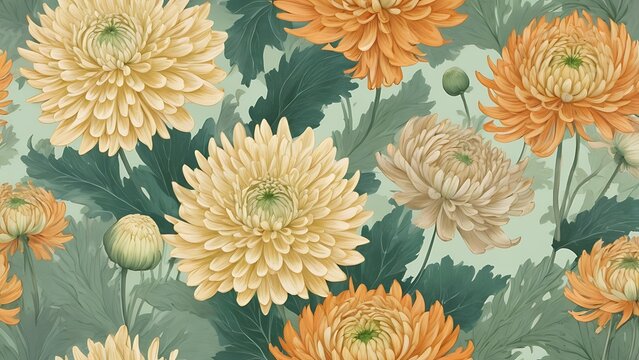 Digital abstract illustration background featuring a floral theme with a soft, pastel color palette, yellow and range flowers
