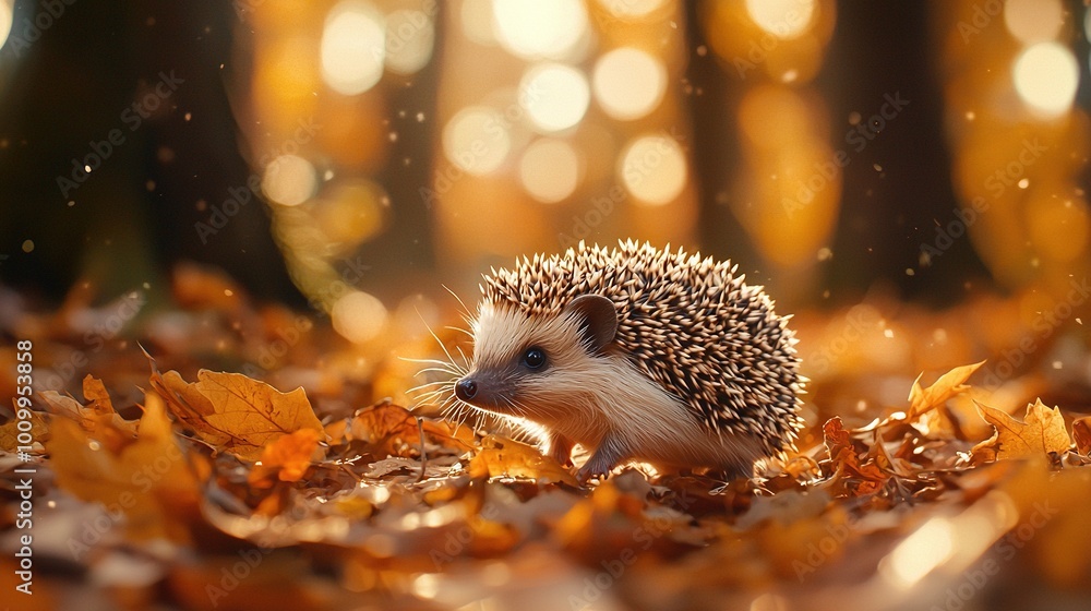 Sticker   Hedgehog on leaves in yellow-orange forest, blurry tree background