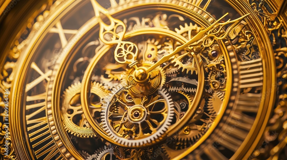Poster close-up of intricate golden clockwork mechanism