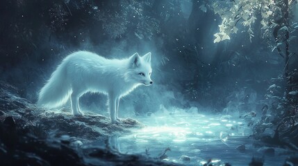   A white wolf stands alone in the center of the dense woods beside a serene lake