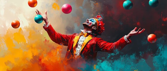 Obraz premium Artistic representation of a carnival juggler skillfully handling vibrant balls, illustrating the flair and excitement of the performance