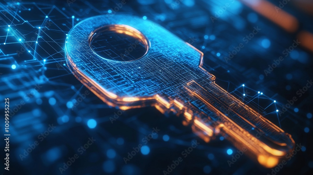 Poster digital key on circuit board, access, and safety. visualization of cybersecurity system.