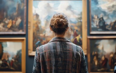 Fototapeta premium Back of an adult person admiring Renaissance style paintings in an old museum art gallery, showcasing a deep appreciation for classic art