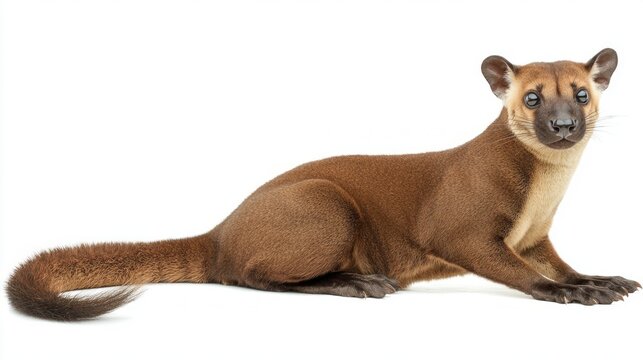 fossa sits elegantly, its strong physique and curled tail emphasizing its agility and wild beauty. The stark white background enhances its striking features and posture.