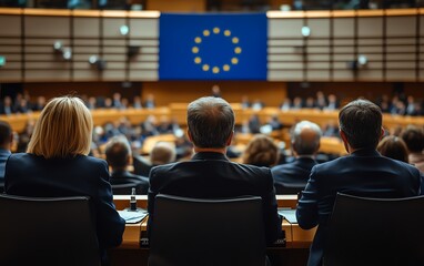 Back view of EU politicians at a session in the European Parliament, with the EU flag in the background, emphasizing European Union politics