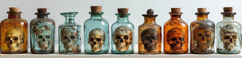 Row of Glass Bottles Containing Skulls Displayed - horizontal banner for Halloween