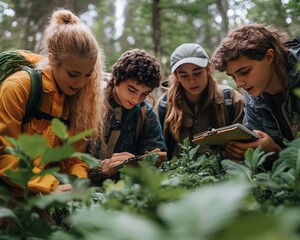 Group of students conducting environmental science experiments in a forest, showcasing the advantages of outdoor education and experiential learning