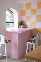 Modern, trendy, coffee shop, inventory, interior, design, pink, ochre, white, bistro chair, seat