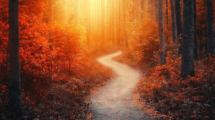   A forest path with sunlight filtering through the trees on both sides