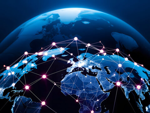 Red global que presenta nodos brillantes que conectan continentes y muestra el futuro de las comunicaciones y los datos avanzados

