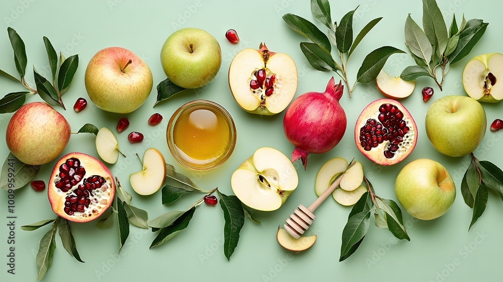 Poster   Apples, pomegranates, and a jar of honey sit on a green surface surrounded by leaves