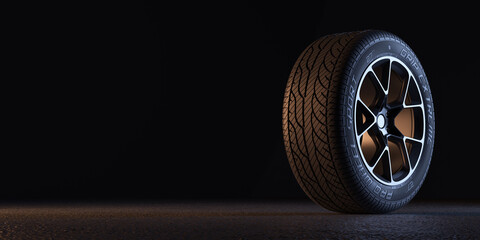 Horizontal banner of sport wheel on asphalt in dark environment. Realistic 3D render.