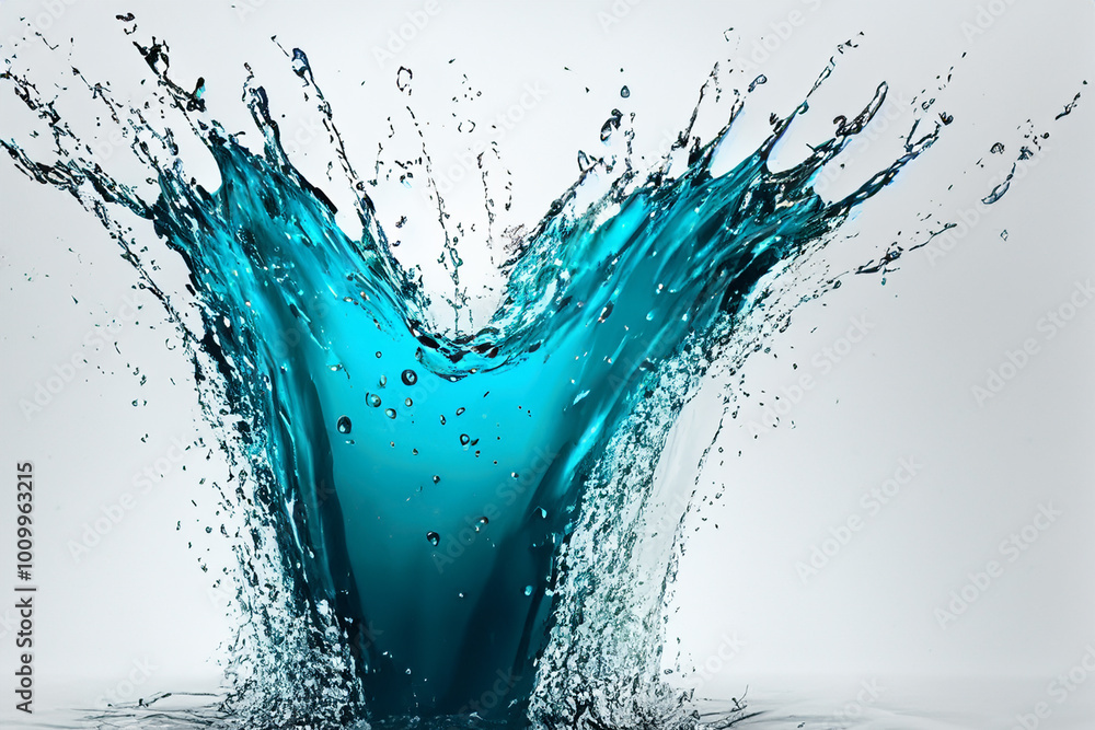 Poster splashing teal water droplets create a unique abstract shape on a white background.