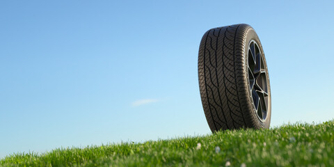 Wheel on grass. Sustainable tires. Realistic 3d render.