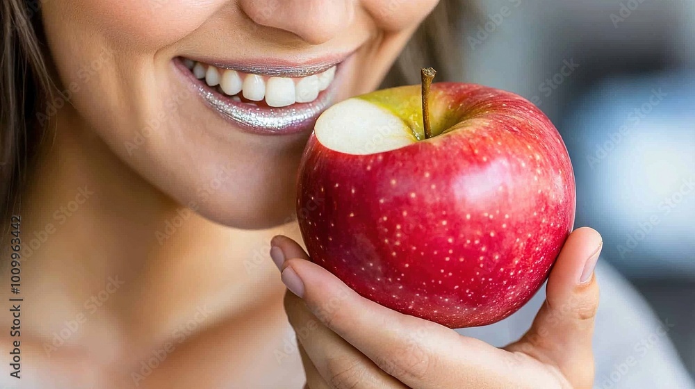 Sticker   A person bites into an apple while holding a toothbrush