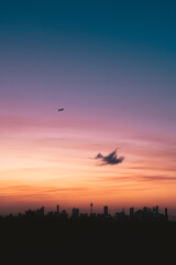 Stunning Sydney skyline silhouette at sunset with a plane soaring through vibrant clouds, capturing the essence of urban beauty and breathtaking moments.