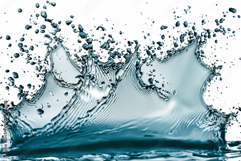 Poster closeup of a water splash with droplets, creating a textured and abstract pattern.