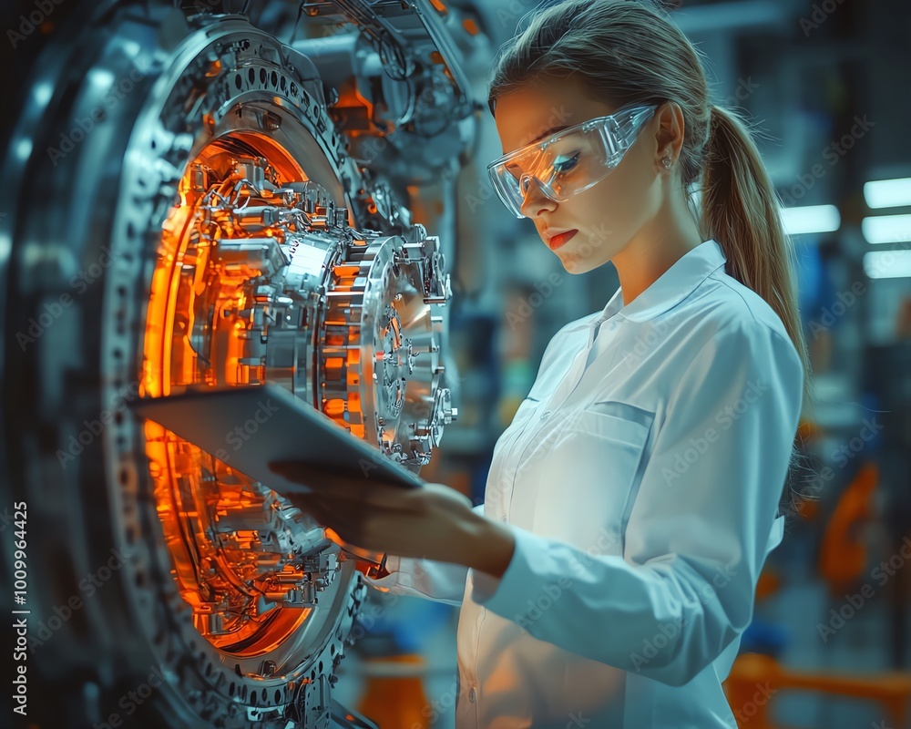 Poster Female scientist using a tablet computer while developing an electric motor, industrial engineer working on a futuristic jet engine in a modern technology research lab
