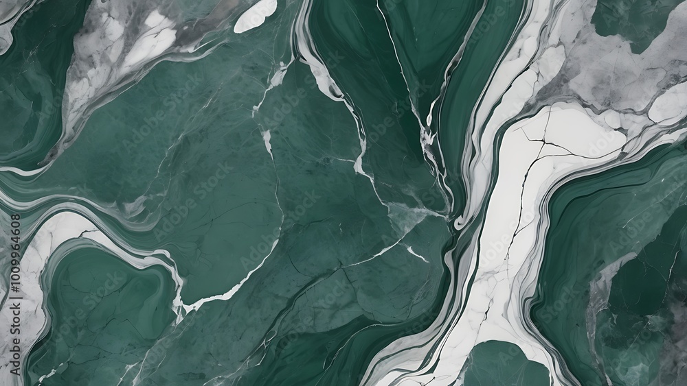Poster close up view of an abstract textured marble background in green and white hues with seamless random