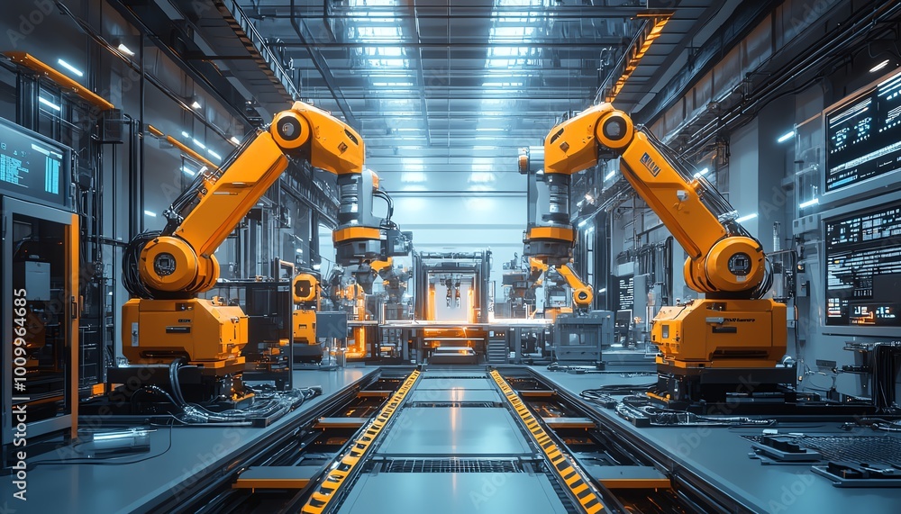 Poster futuristic electronics factory with robotic arms building complex devices