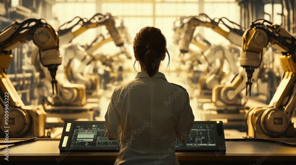 Poster a factory worker closely monitors multiple robotic arms in a manufacturing environment. sunlight str