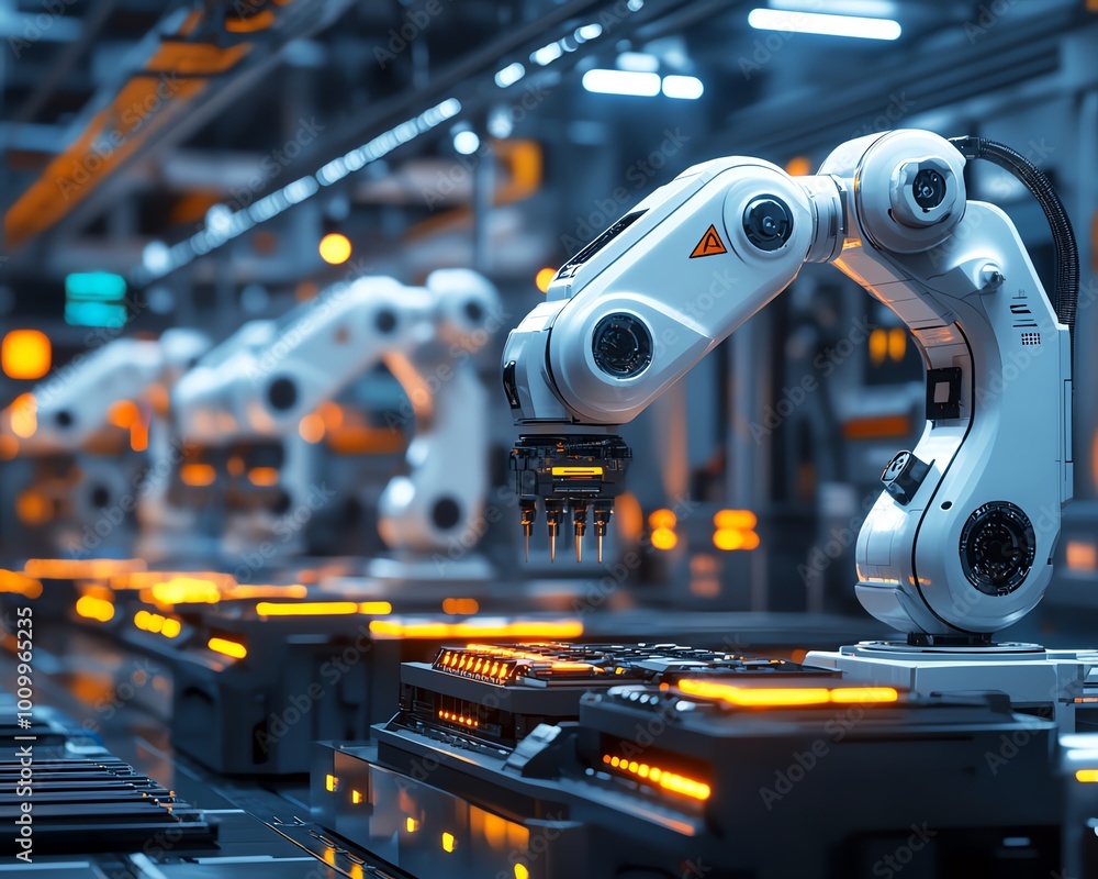 Poster Hightech factory floor with robot arms assembling electronics