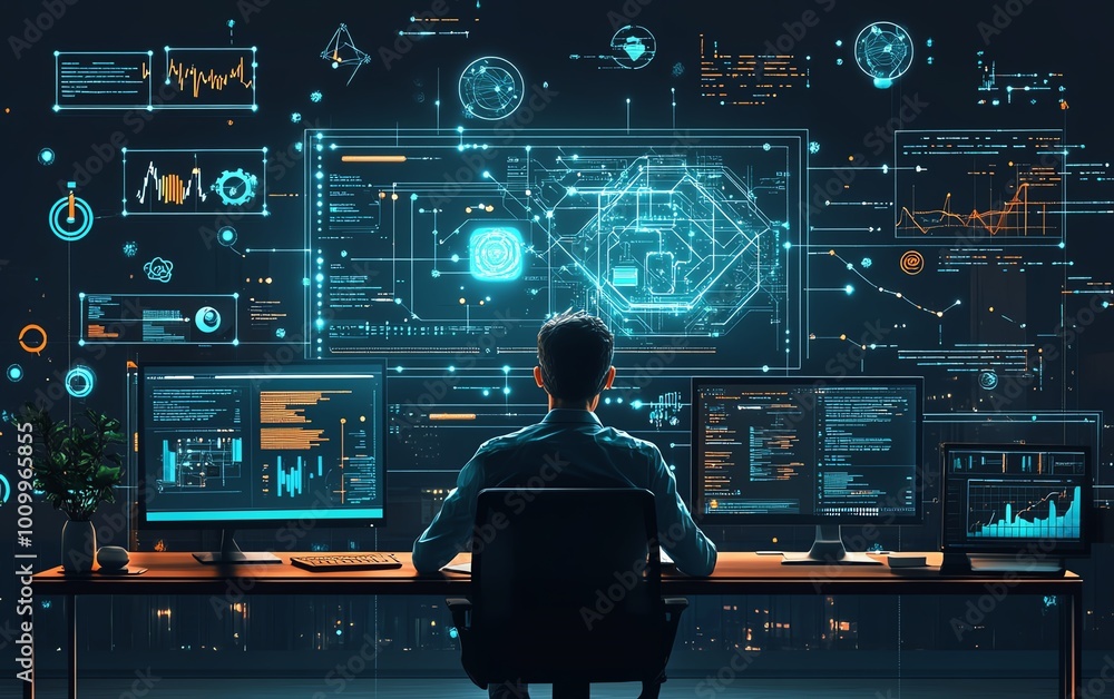 Aufkleber Machine learning engineer and system admin programming at workstation, man planning and executing network expansion strategies in a sophisticated office environment