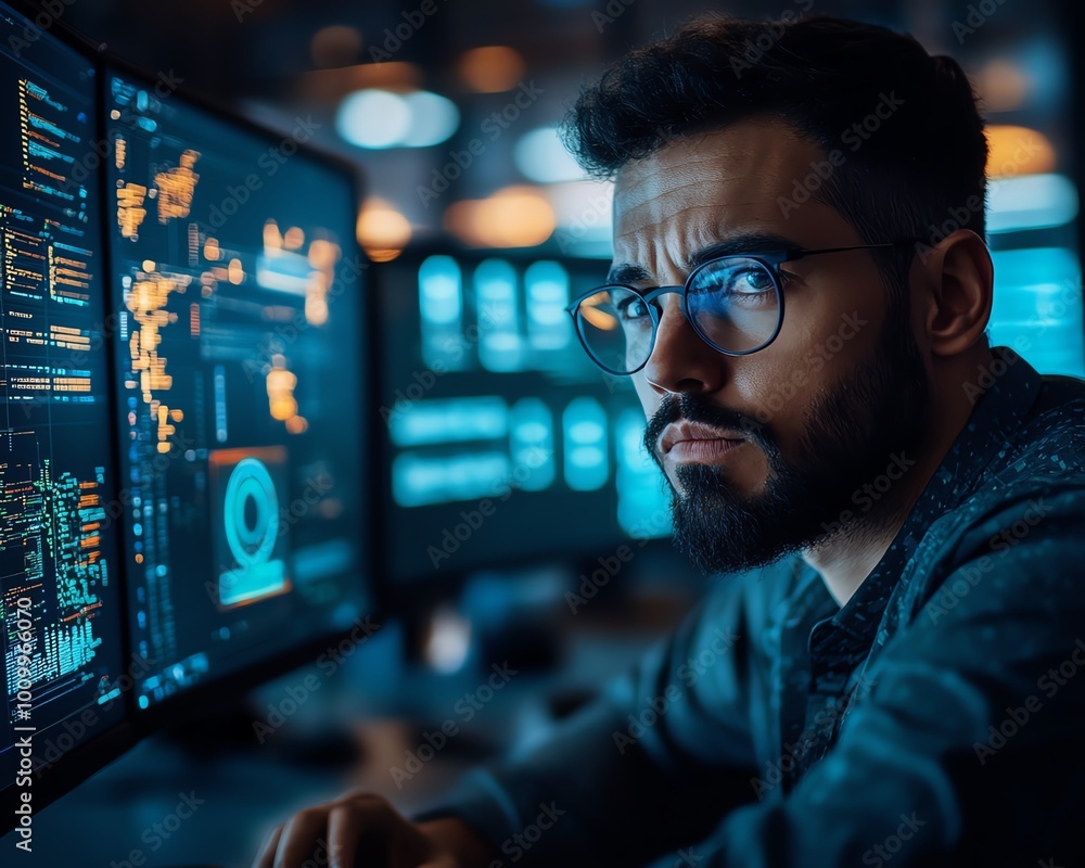 Poster Man at workstation performing system administration and machine learning tasks, planning enterprise network expansion in a modern office environment