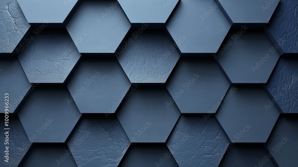 Poster a collection of dark blue hexagonal tiles creates a striking geometric pattern on a textured wall, s
