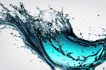 A splash of blue water with drops and bubbles, against a white background.