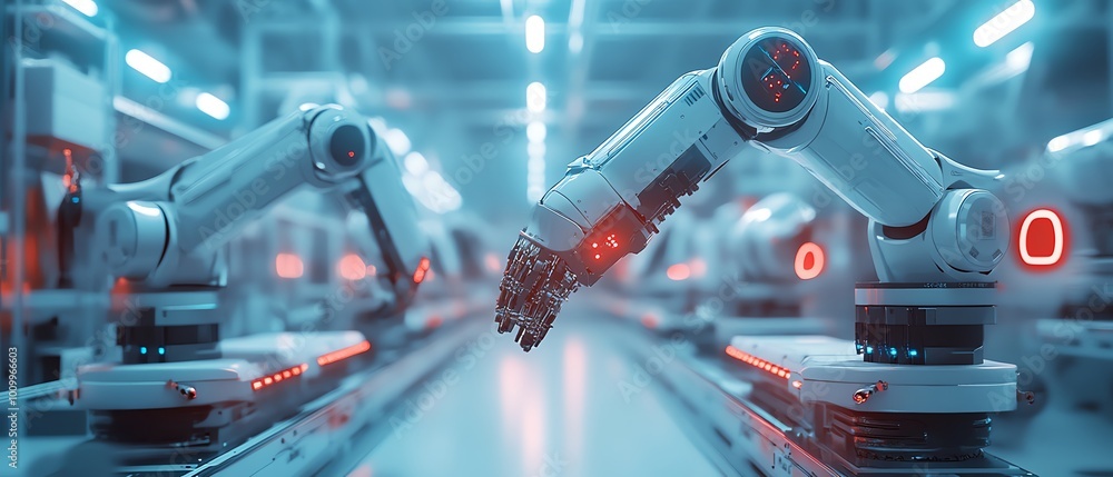 Aufkleber robotic arms in an electronics factory assembling devices