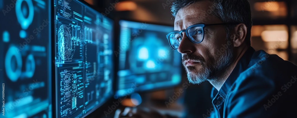Poster System administration and machine learning engineer programming at his workstation, planning and expanding network structure of the enterprise in a modern office setting