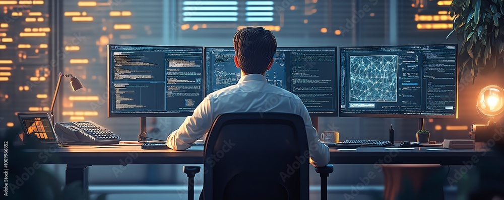 Aufkleber System administration and machine learning engineer programming at his workstation, planning and expanding network structure of the enterprise in a modern office setting