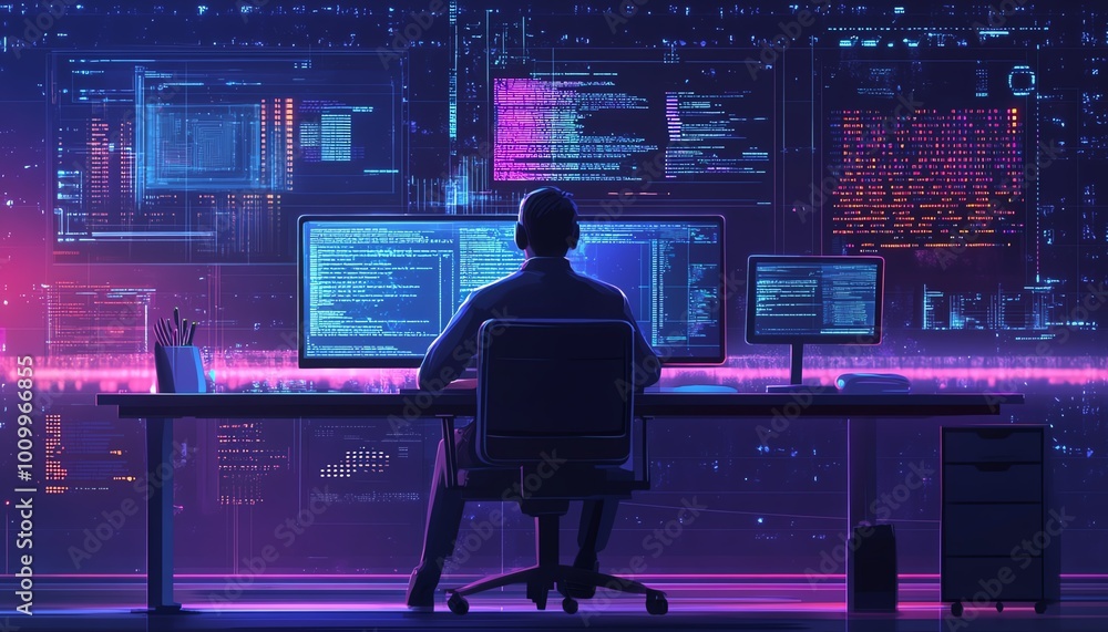 Aufkleber System administration and machine learning engineer programming at his workstation, planning and expanding network structure of the enterprise in a modern office setting