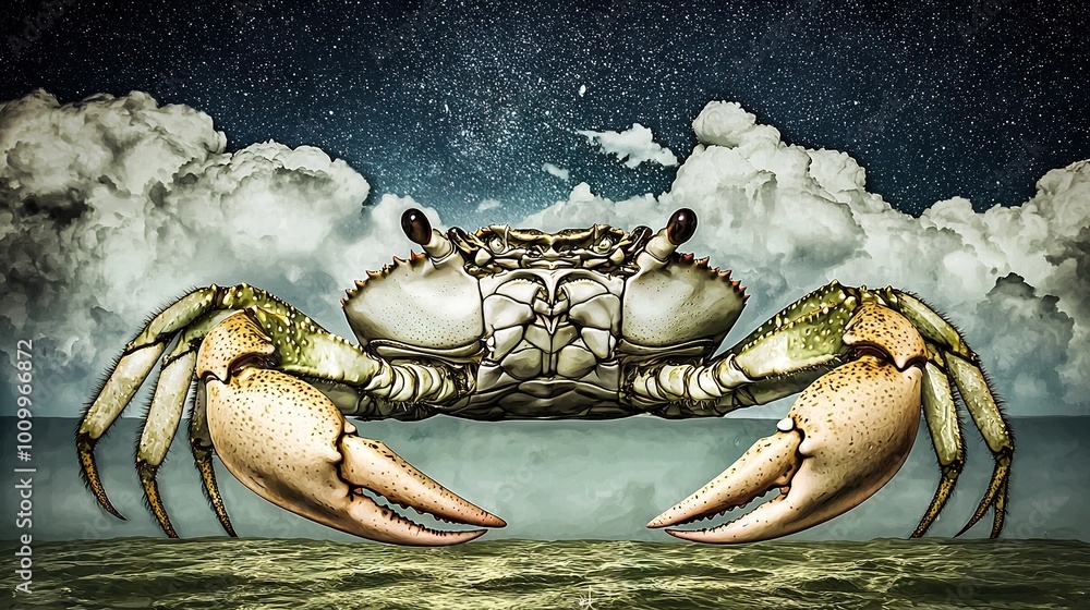 Wall mural   A crab perched atop a water body beneath a cloudy sky, adorned with starry celestial bodies above