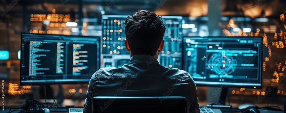 Poster System administration and machine learning engineer programming at his workstation, planning and expanding network structure of the enterprise in a modern office setting