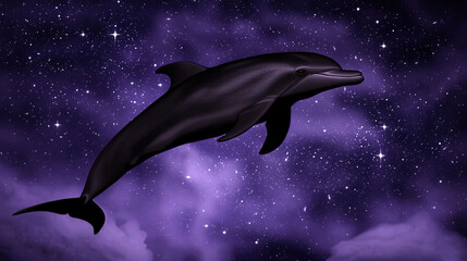   A painting depicts a jumping dolphin against a starry night sky and cloudy foreground
