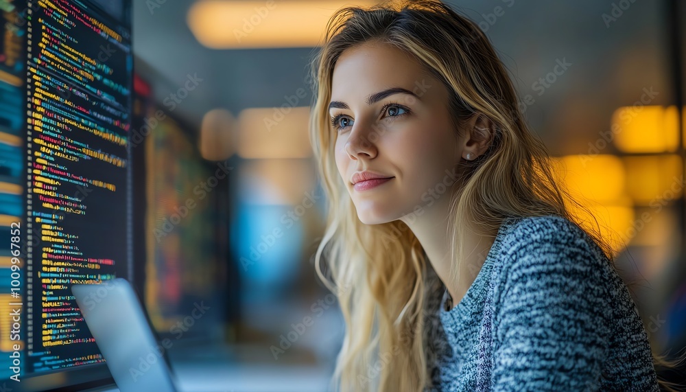 Poster beautiful female it specialist working on a laptop, looking around the office, deep in thought, solv