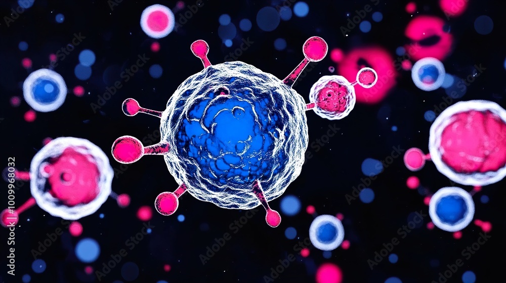 Poster microscopic view of a virus - scientific 3d rendering
