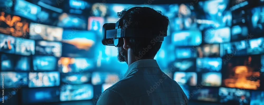 Poster 3d vr interface businessman exploring digital content, streaming media, social networking, ecommerce