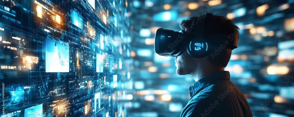 Aufkleber 3d vr interface businessman exploring digital content, streaming media, social networking, ecommerce