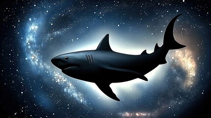   A black shark surrounded by stars and a galaxy