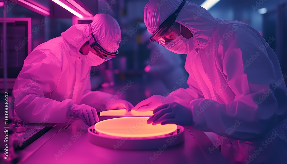 Poster advanced semiconductor production two sterilesuited technicians removing silicon wafer, hightech ele