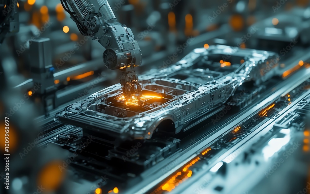 Poster aerial view of autonomous factory robotic arms assembling electric vehicle frames, ai precision manu