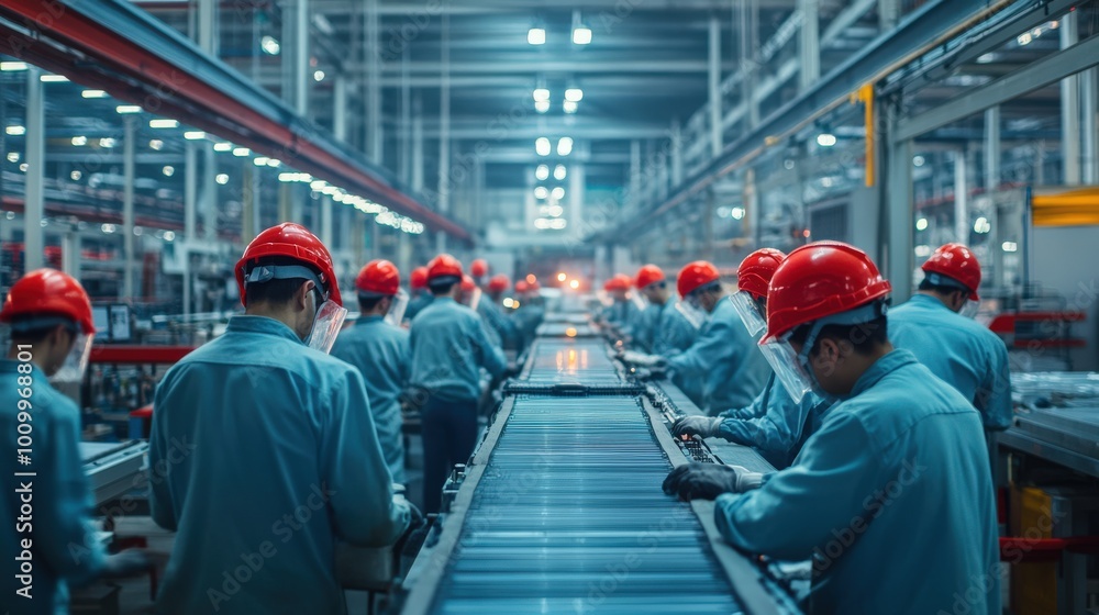 Aufkleber numerous workers in hard hats are engaged in various tasks on a factory floor, focusing on machinery