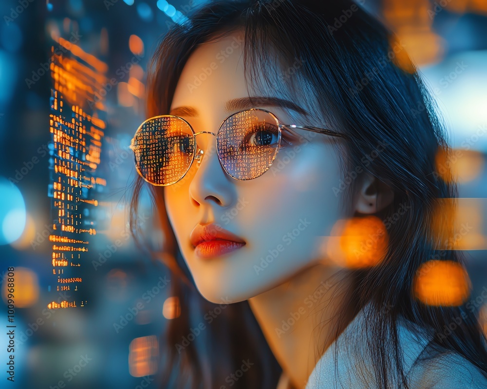 Poster Asian Female Digital Entrepreneur Working on Computer Code Reflected on Face, Developing eCommerce App Using AI and Big Data
