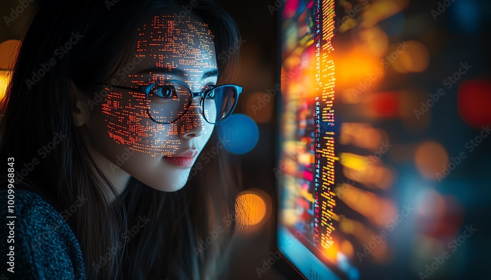 Aufkleber Asian Female Entrepreneur in Startup Scene Working on Computer, Code Projected on Face, Developing eCommerce Application with AI and Big Data
