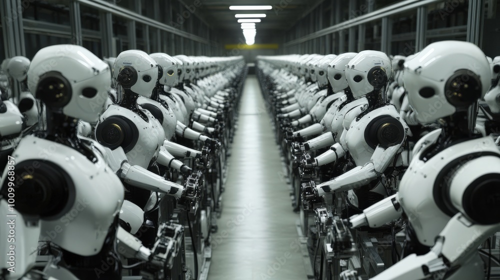 Poster a factory floor filled with numerous robots meticulously assembling parts, showcasing advanced autom